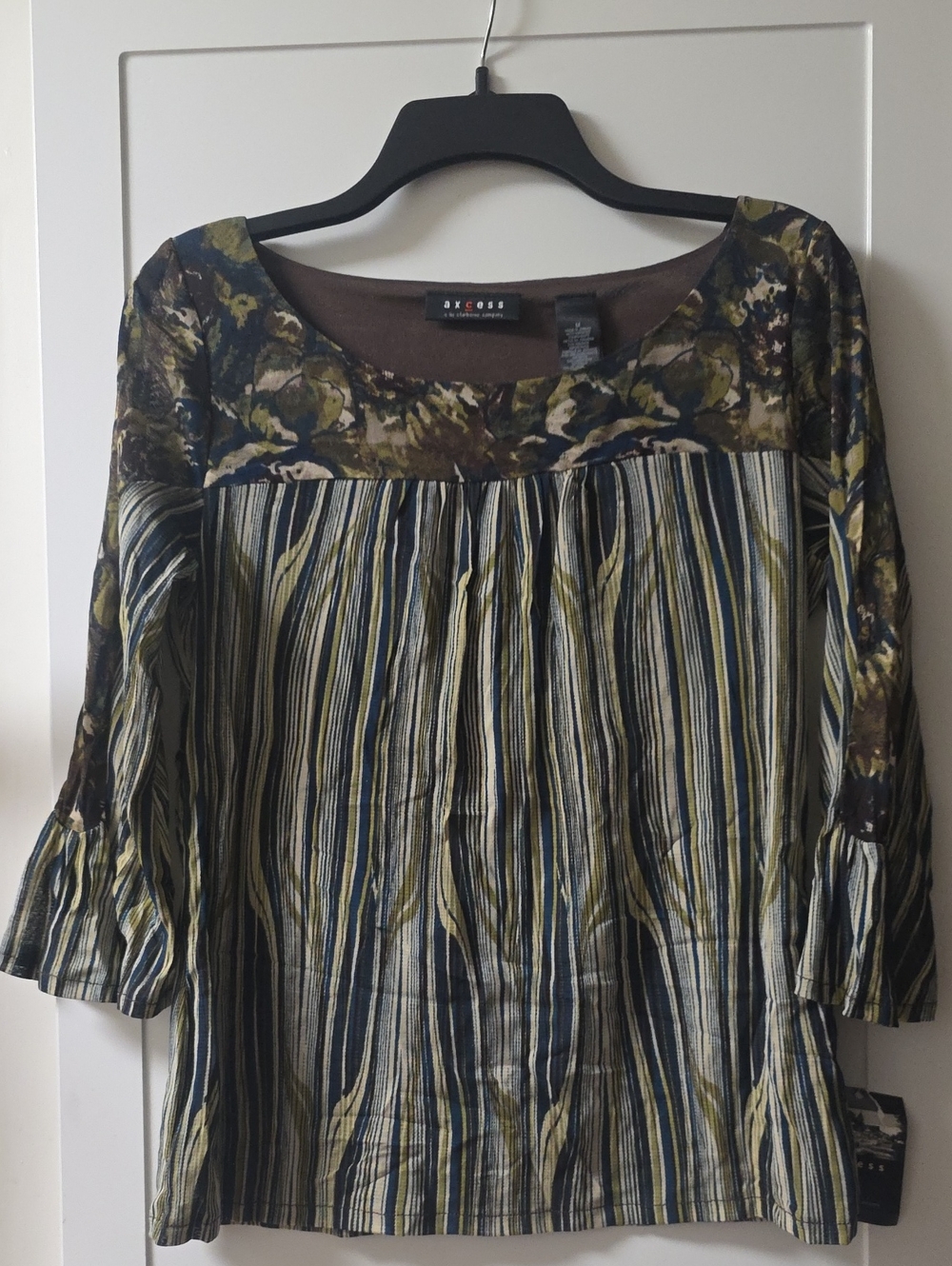 Axcess Olive, Navy & Cream Mixed-Print Scoop Neck Peasant Sleeve Blouse Size M